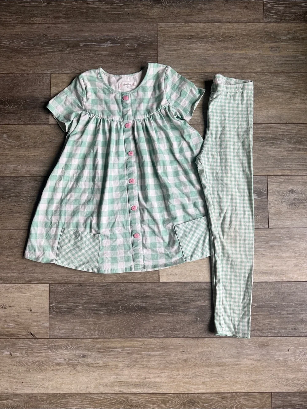 SweetHoney Mint & White Gingham Set with Pink Apple Buttons
